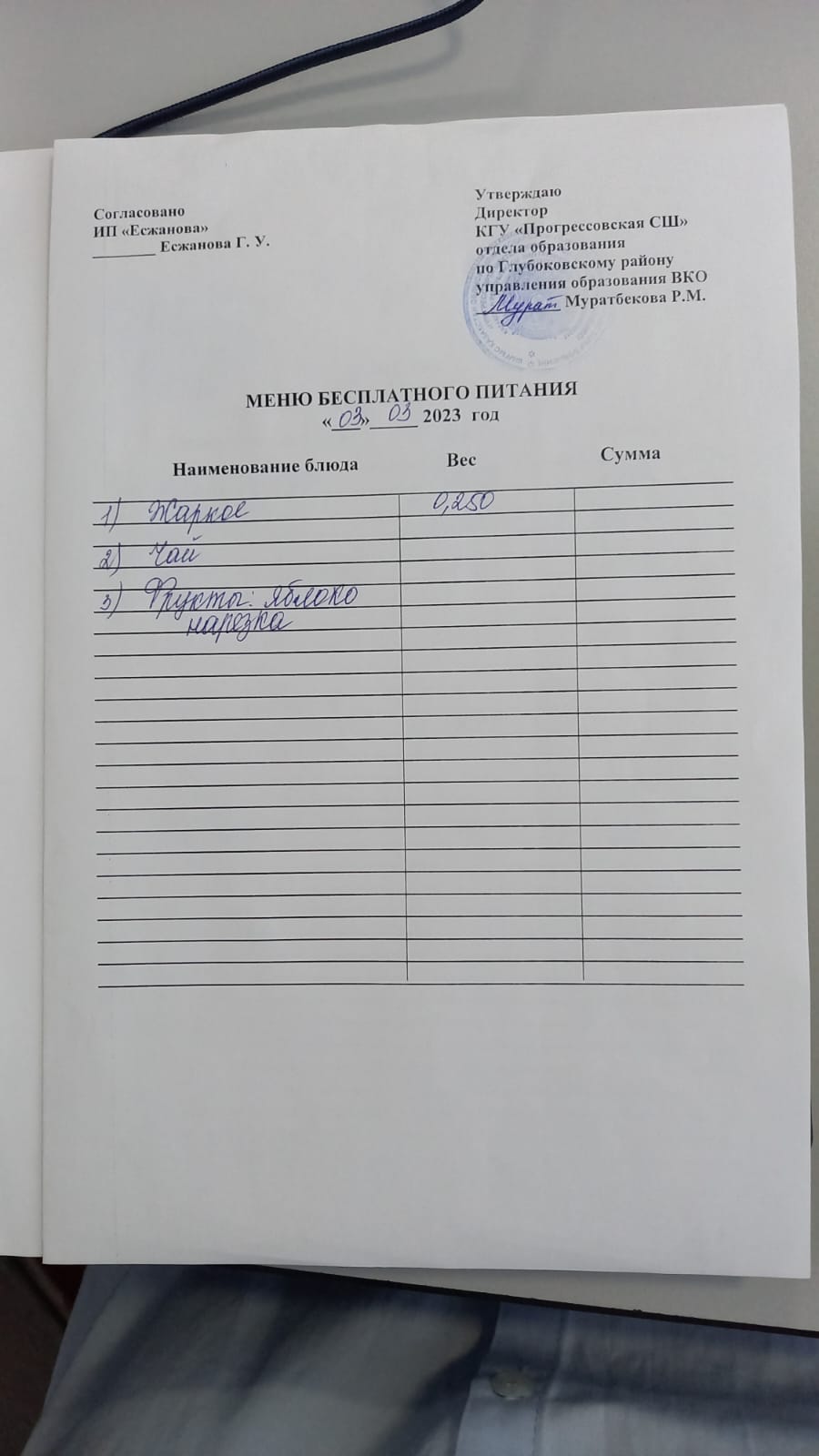 Меню Столовая