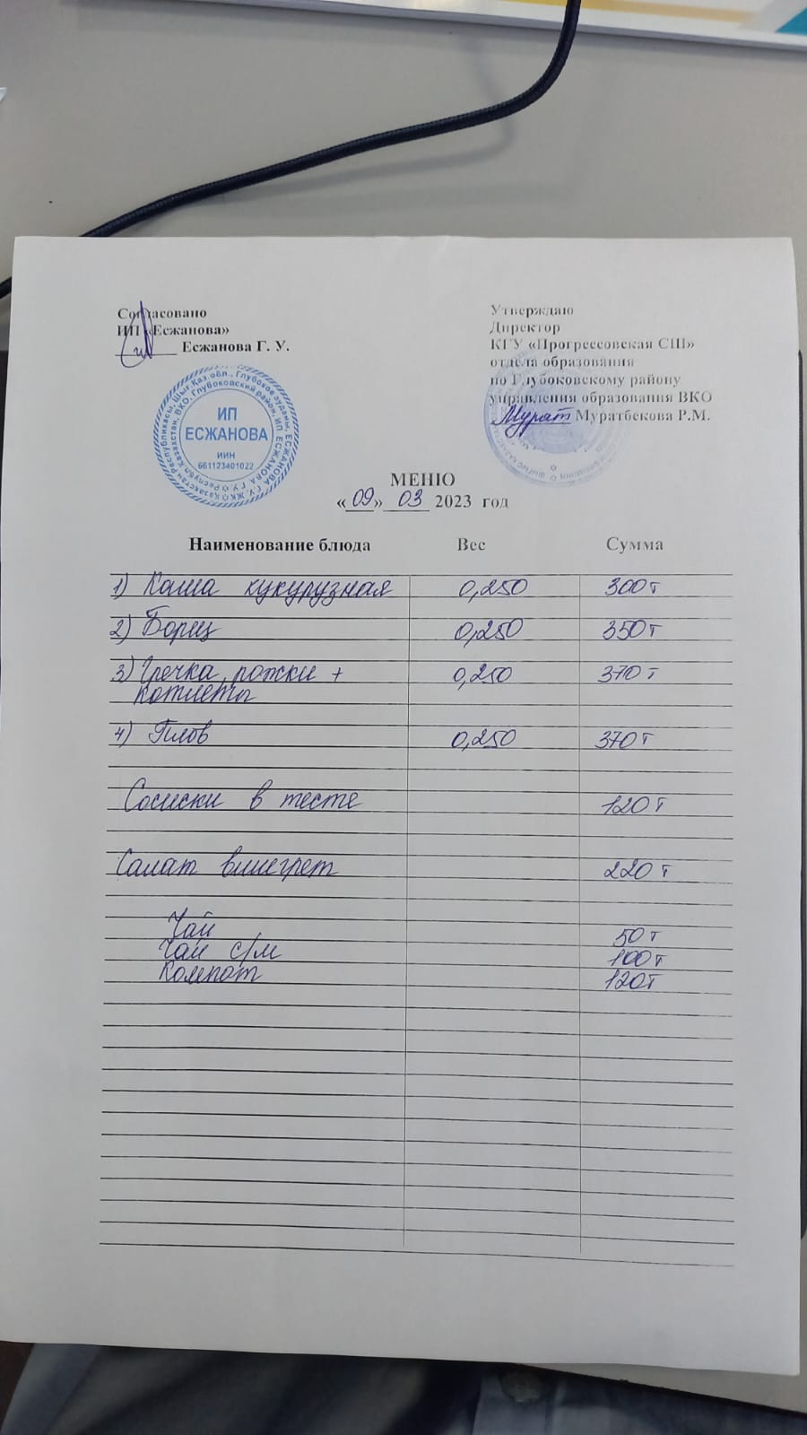 Меню Столовая