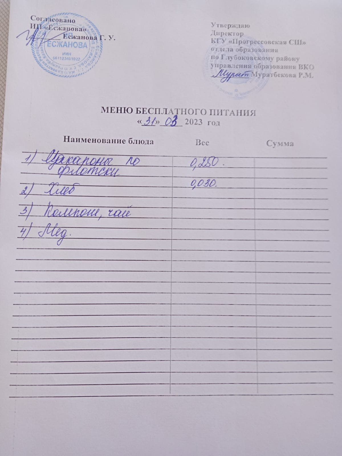 Меню Столовая