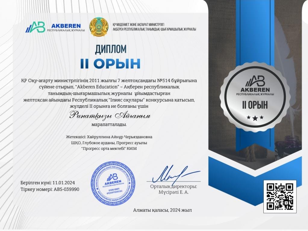Ринатқызы Ағаным.   2 орын.