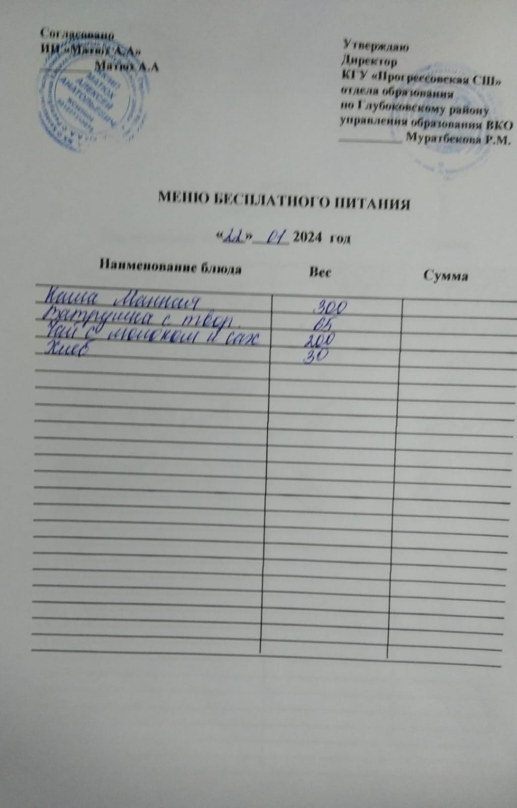 Меню Столовая