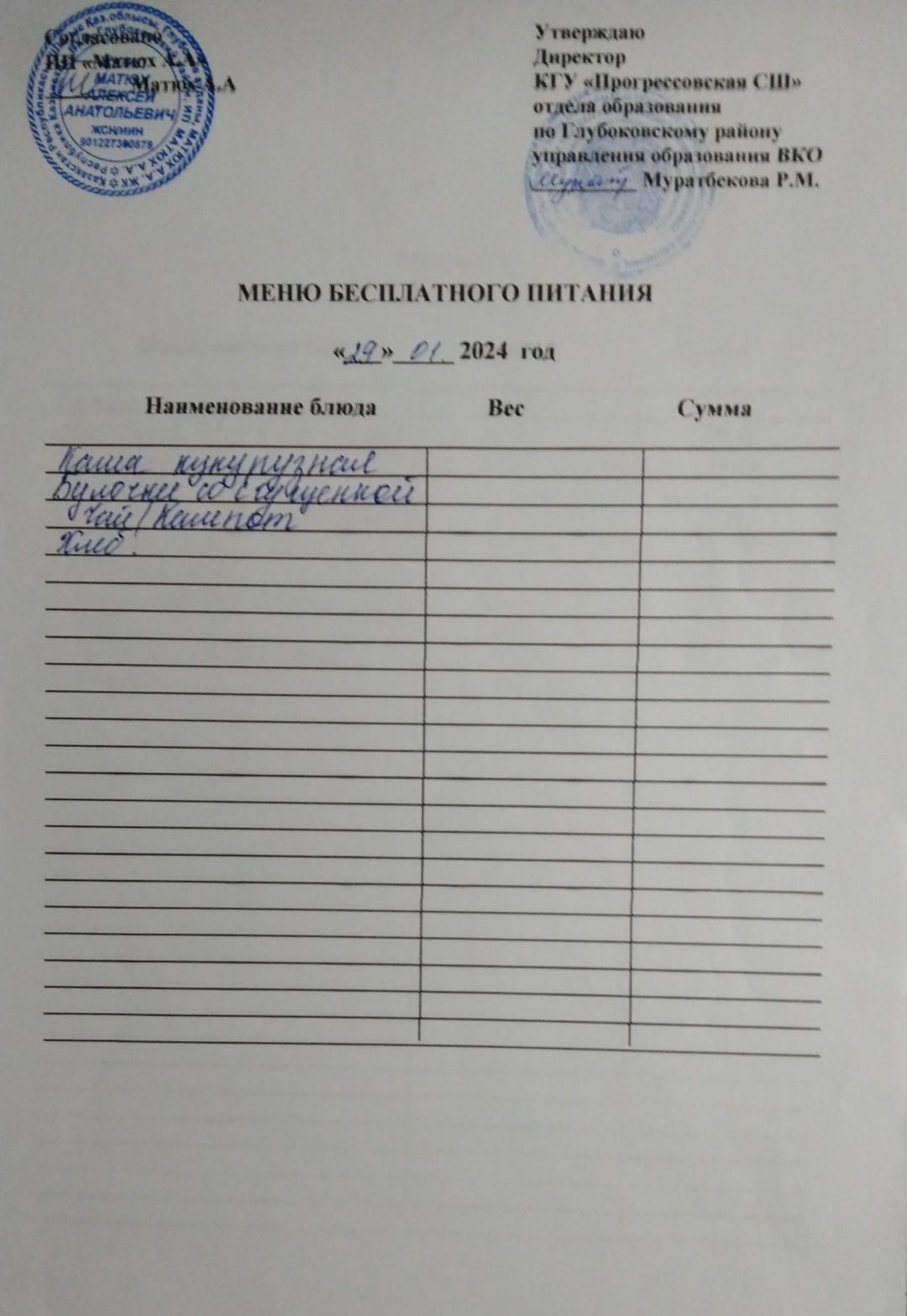 Меню Столовая