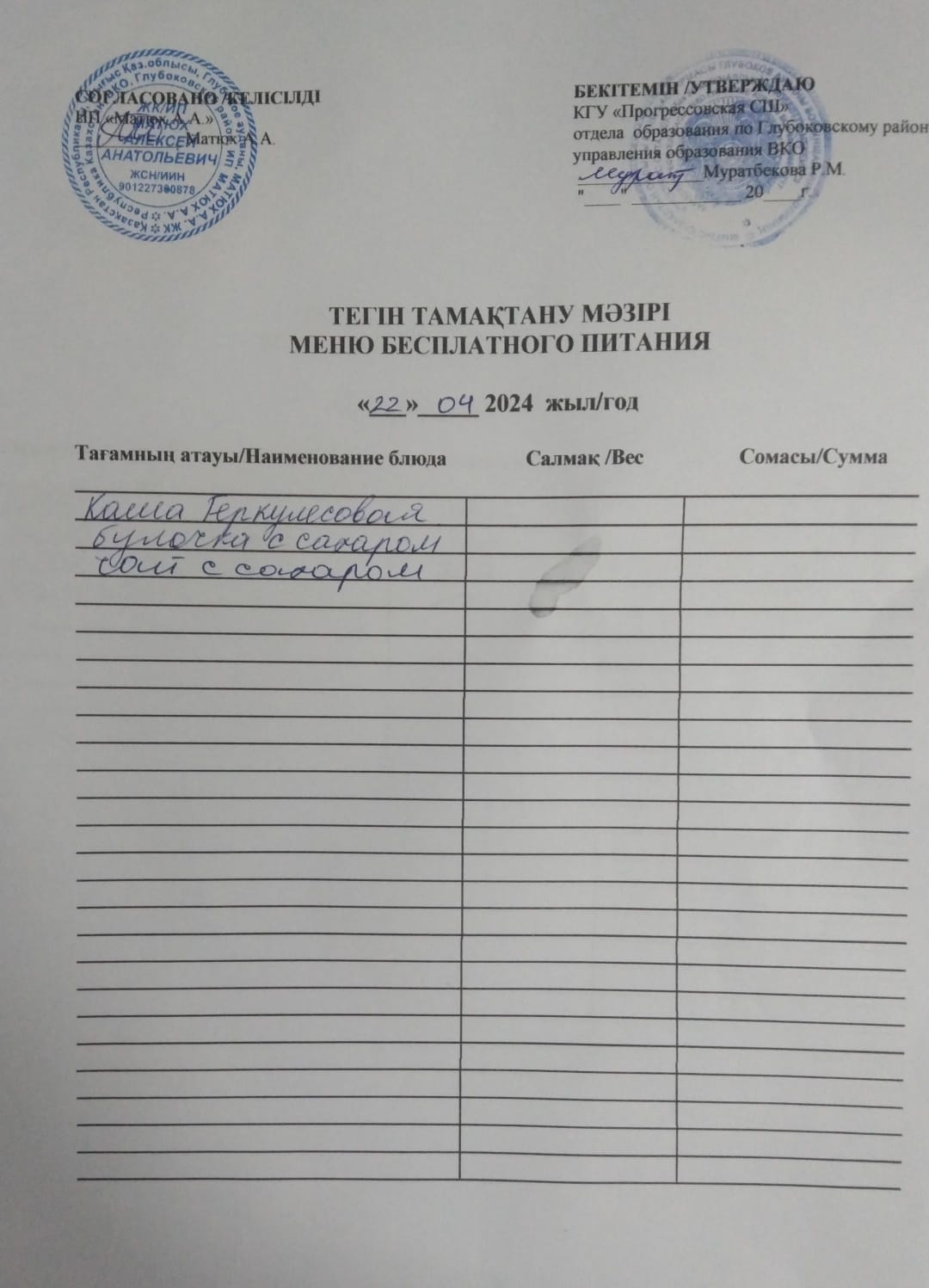 Меню Столовая